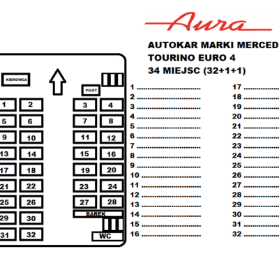 rozkład miejsc autokar mercedes tourino euro 4 32 miejsca Transport Pasazerski Aura Ozorków wynajem busów i autokarów premium