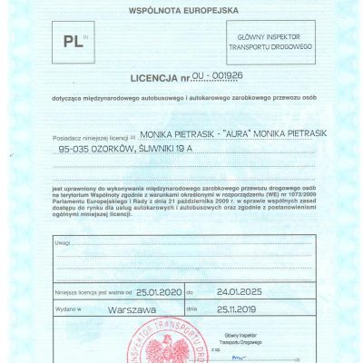 Licencja Międzynarodowy Przewóz Osób OU-001926